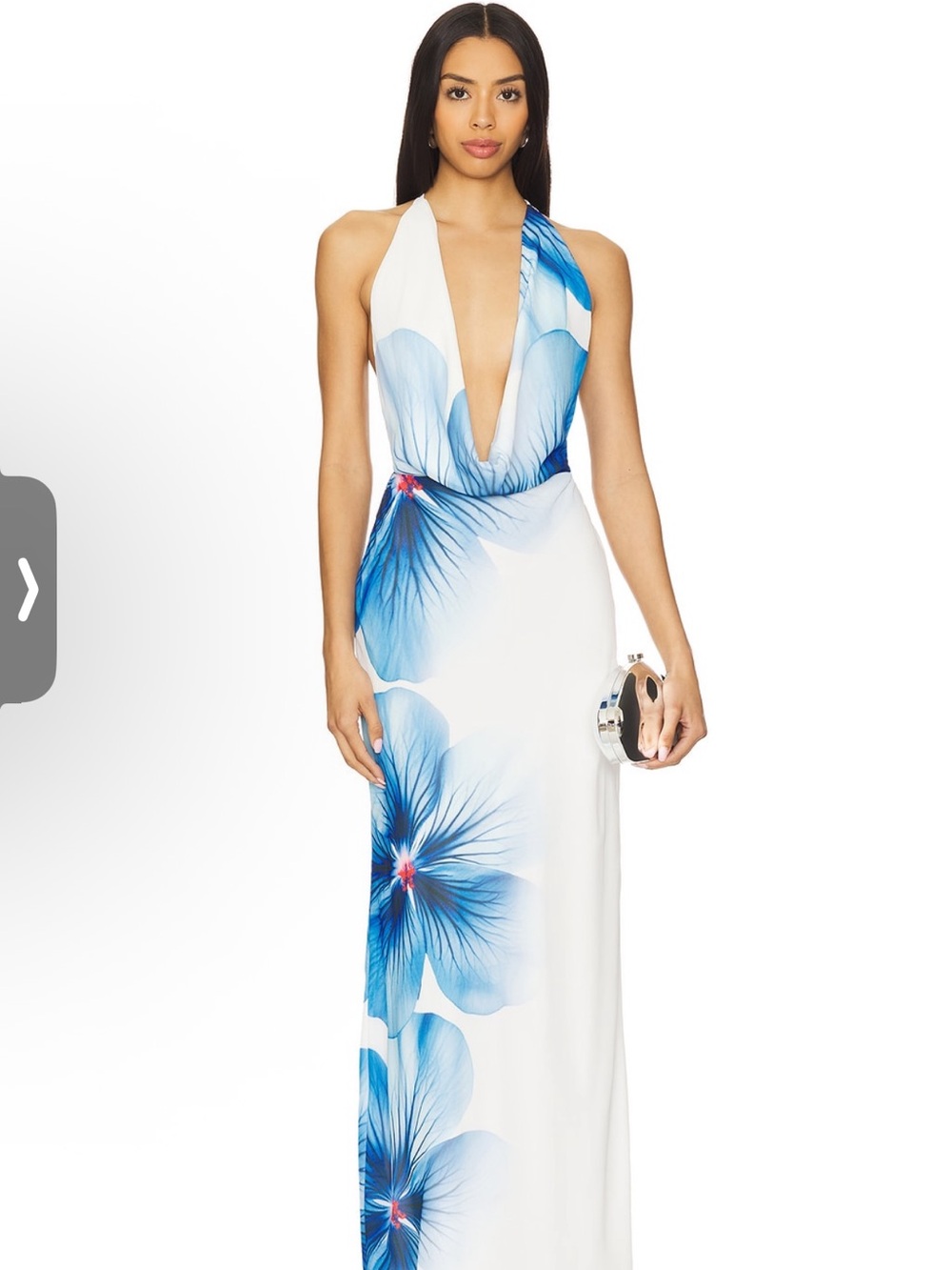 Plunge Halter White Maxi Dress with Blue Floral Print